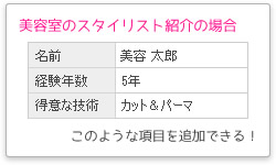 美容室のスタイリスト紹介の場合、名前・経験年数・得意な技術など、このような項目を追加できる！